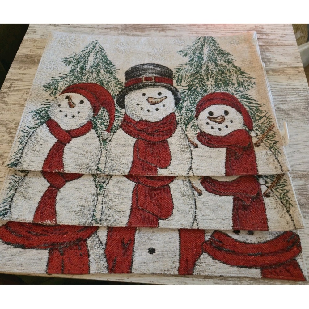 Vintage St. Nicholas Square Christmas Snowman Tapestry Placemats Set 3 Holiday